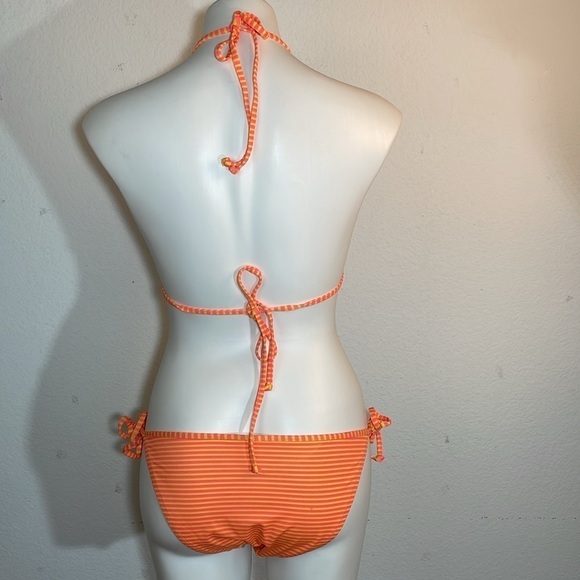 VS PINK Ruffle String Bikini Pink Yellow Stripe M Bottom L Top - Picture 5 of 8